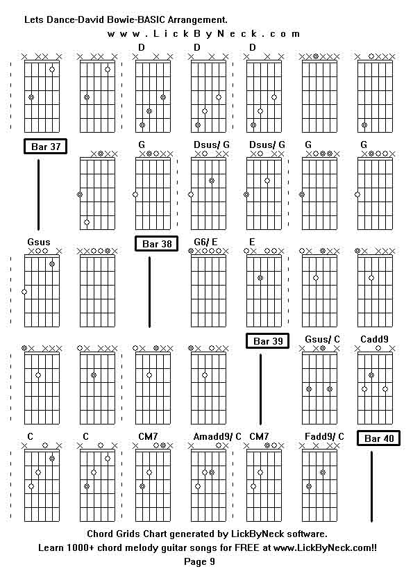 Chord Grids Chart of chord melody fingerstyle guitar song-Lets Dance-David Bowie-BASIC Arrangement,generated by LickByNeck software.